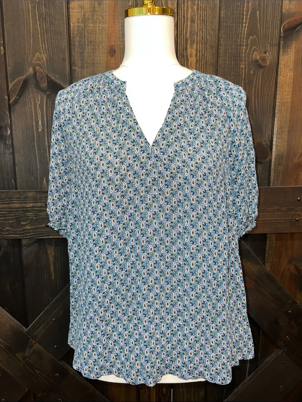 Boden Paisley Top 14 Blue Gathered Split Neck Puff Sleeve Semi Sheer Preppy